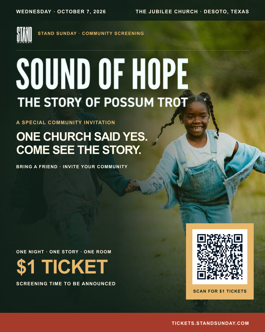 Sound of Hope community screening invitation with a one-dollar ticket QR code