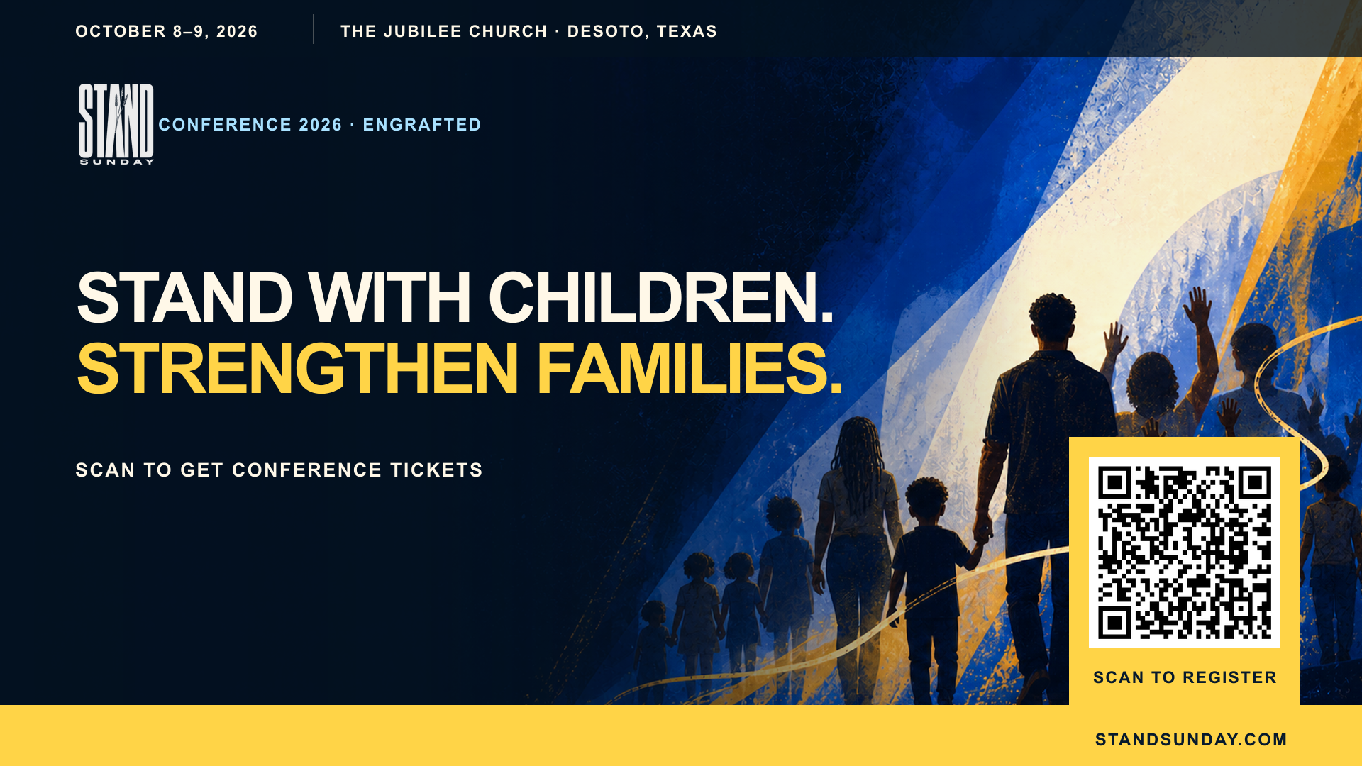 Widescreen Stand Sunday announcement with conference details and a registration QR code