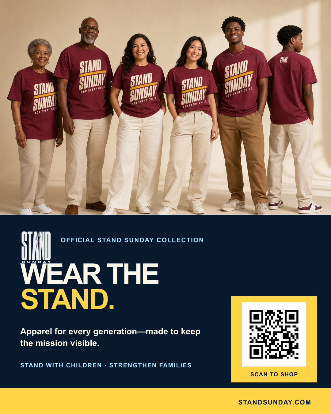Stand Sunday merch promotion featuring a multigenerational group wearing conference shirts