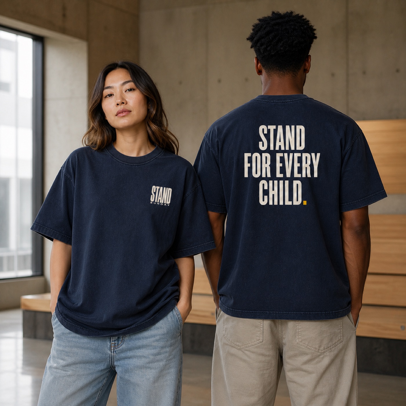 Models wearing the Reverse Stand Sunday shirt design