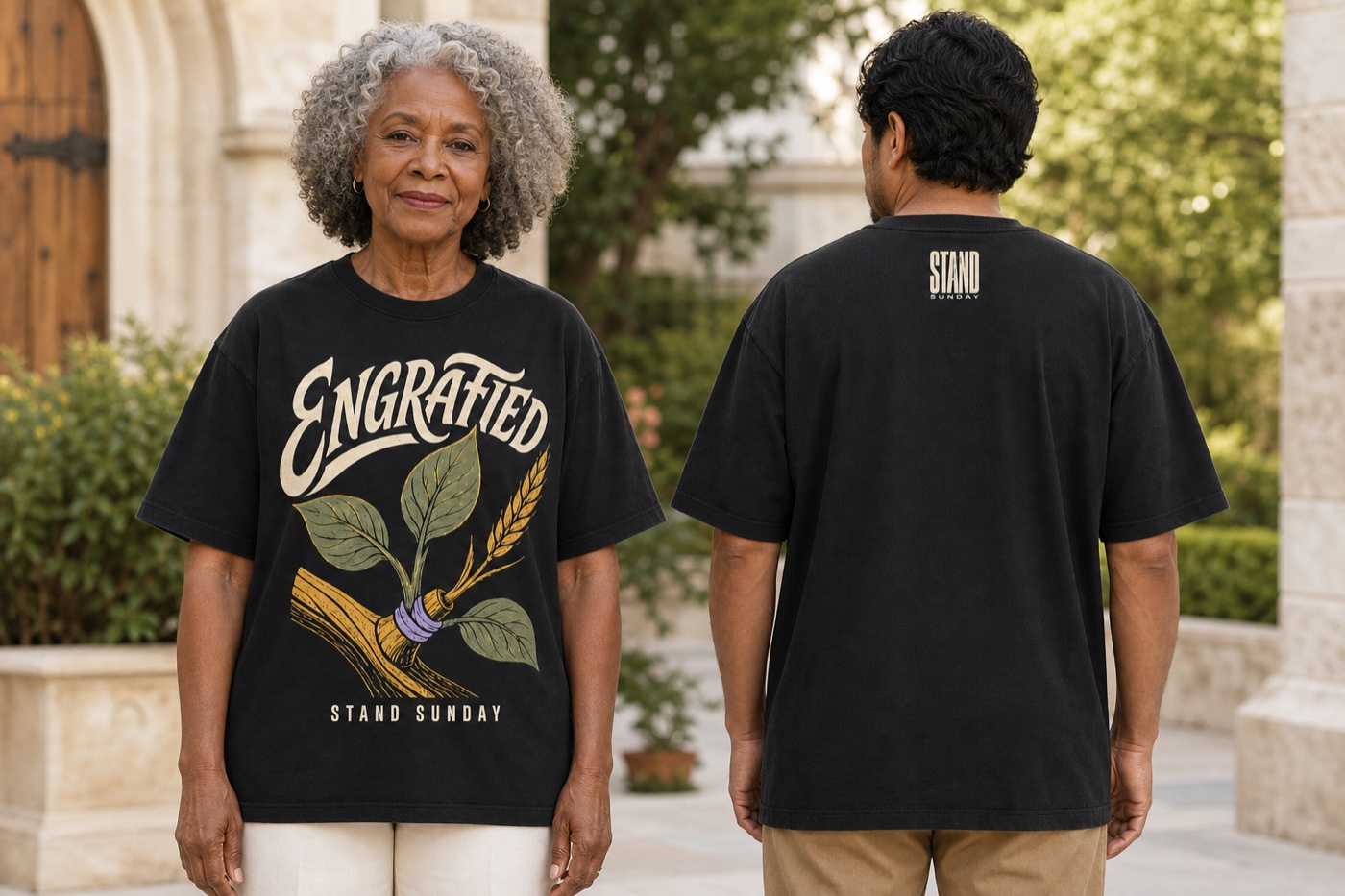 Two adults modeling the Engrafted Bloom Stand Sunday shirt
