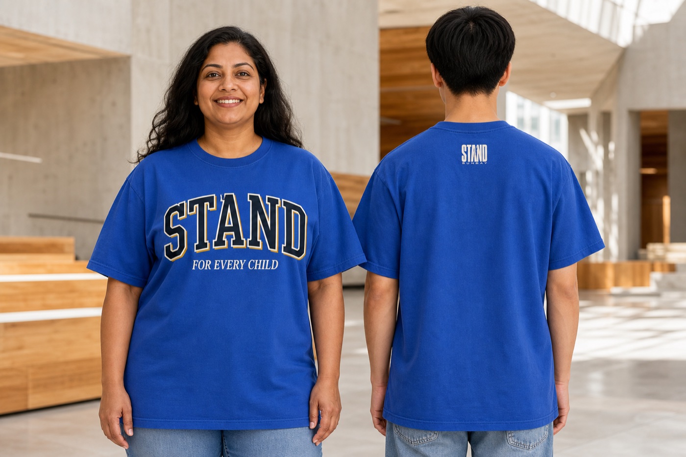 Models wearing the Collegiate Stand Stand Sunday shirt design