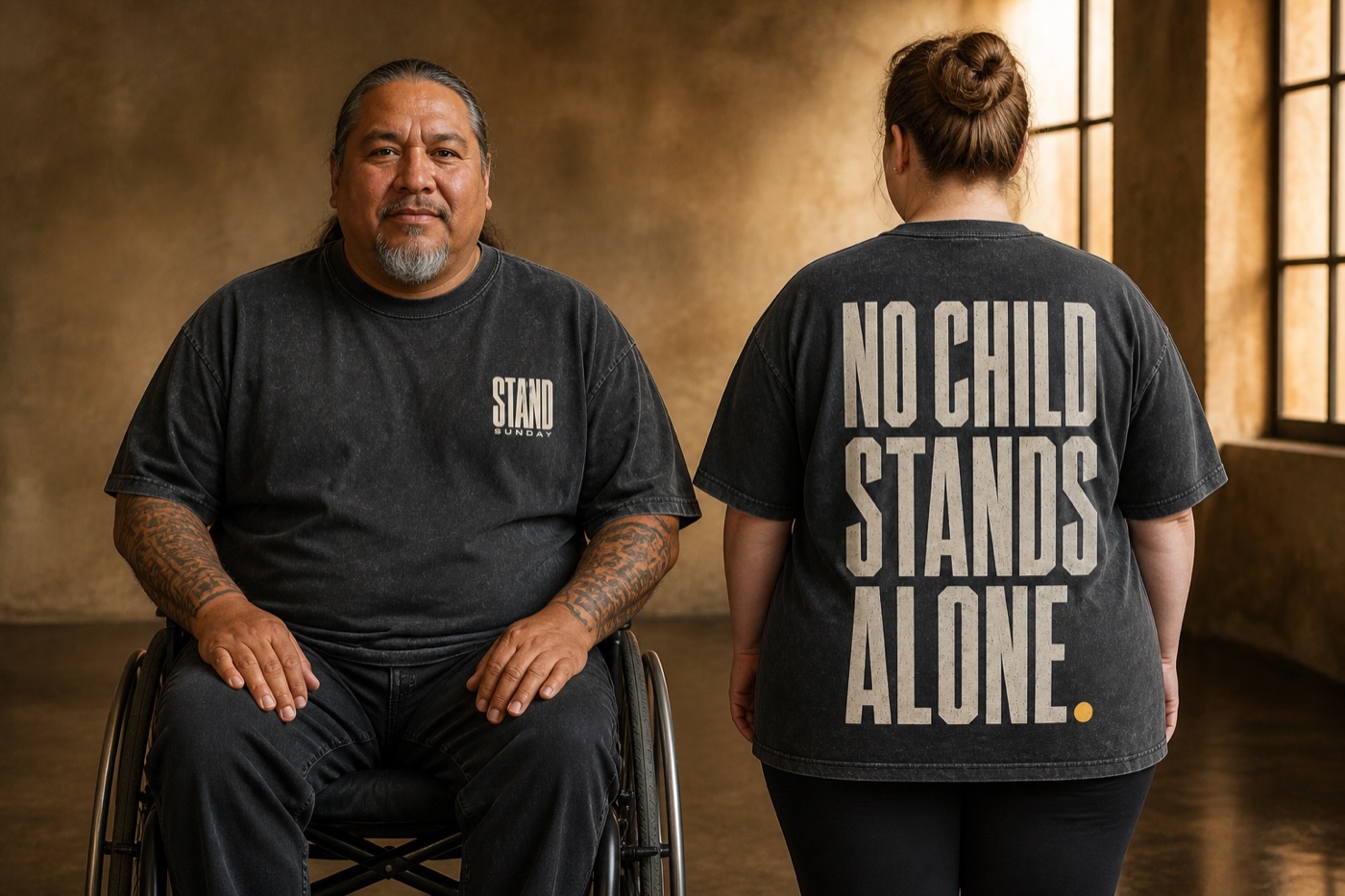 Models wearing the No Child Stands Alone Stand Sunday shirt design